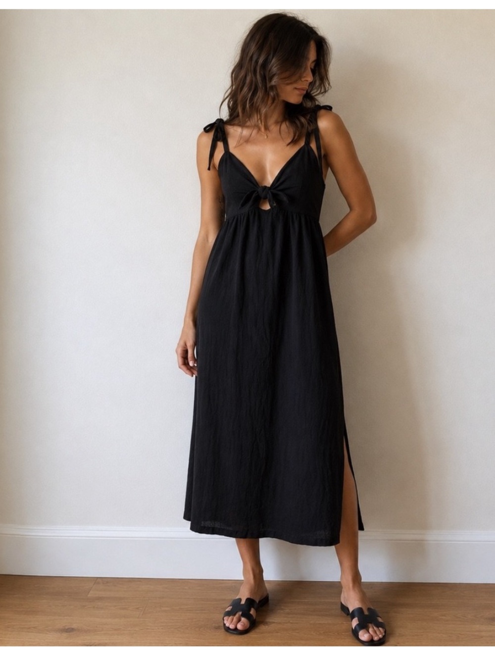 Emerson Fry India Collection Black Cayman Midi Dress Black Linen Tie Front XS